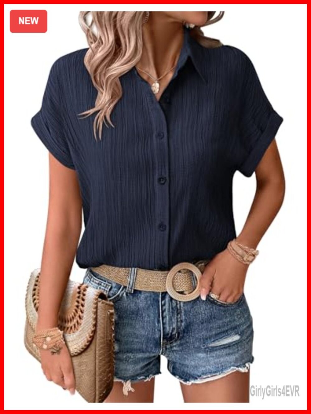 Womens Textured Button Down Shirt Short Sleeve Collared Blouse Casual Work Top